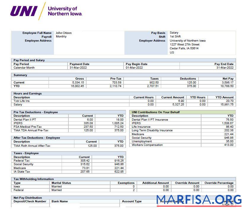 Realistic USA University of Norther Iowa paystub download for verification
